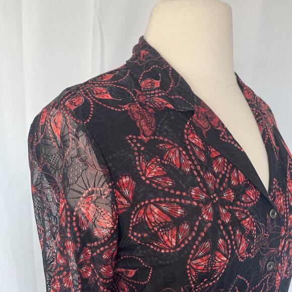 Y2K Top Womens Size Large Black Red Floral Mesh Fairy Grunge Whimsigoth Button - Picture 3 of 11